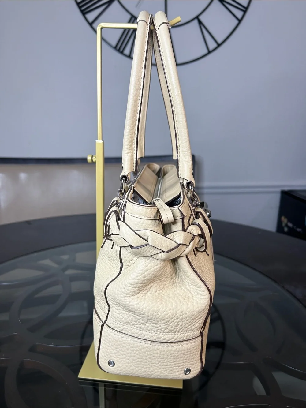 Y2K Coach Hamptons Leather Braided Horsebit Satchel Cream Beige Shoulder Bag